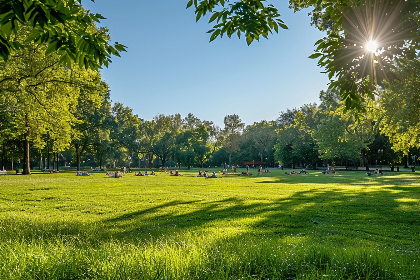 Familles profitant du soleil dans un parc verdoyant à Quimper, illustrant les espaces verts exceptionnels de la ville