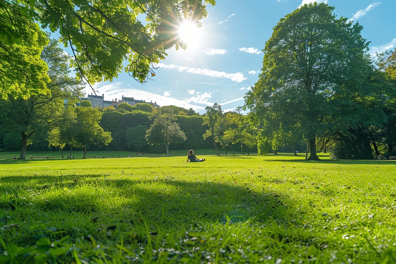 Famille profitant des espaces verts paisibles dans un parc à Quimper lors d'une journée ensoleillée, illustrant le bien-être après un déménagement.
